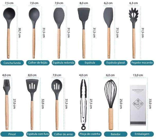 Kit de 12 Utensilios de Cocina - Silicona y Mango de Madera - ChefCraft Essentials